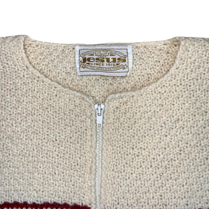 Vtg 70s 'Jesus' White Stripe Blue Red Full-Zip Tight Knit Casual Cardigan 10/12