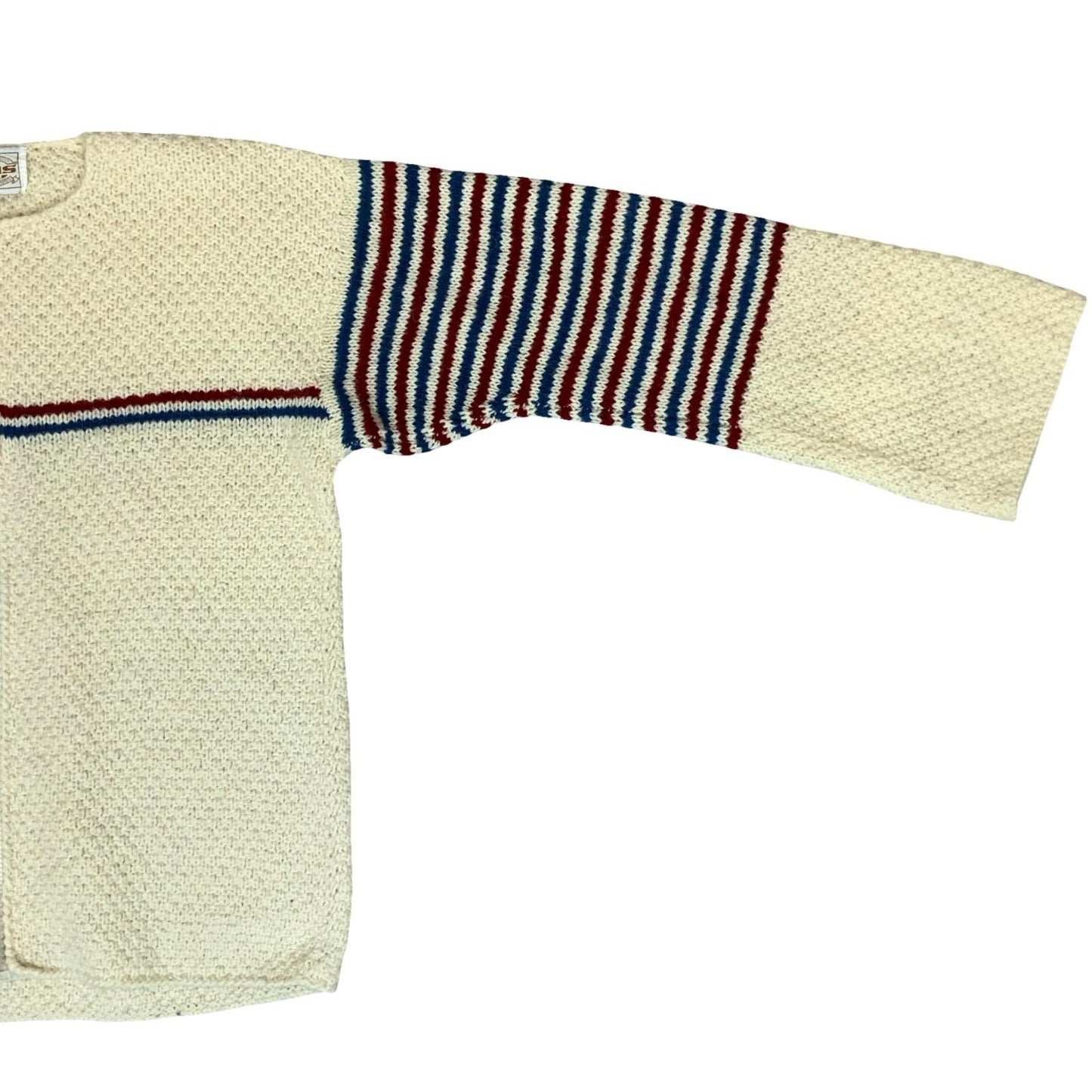 Vtg 70s 'Jesus' White Stripe Blue Red Full-Zip Tight Knit Casual Cardigan 10/12