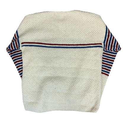Vtg 70s 'Jesus' White Stripe Blue Red Full-Zip Tight Knit Casual Cardigan 10/12
