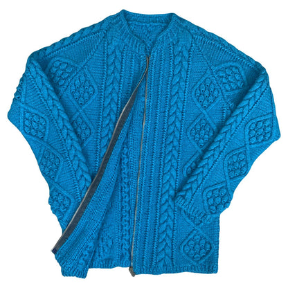 Vtg 80s Blue Textured Geometric Chunky Cable Knit Zip-Up Cardigan S UK 10