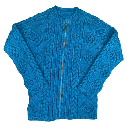 Vtg 80s Blue Textured Geometric Chunky Cable Knit Zip-Up Cardigan S UK 10