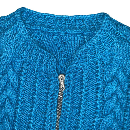 Vtg 80s Blue Textured Geometric Chunky Cable Knit Zip-Up Cardigan S UK 10
