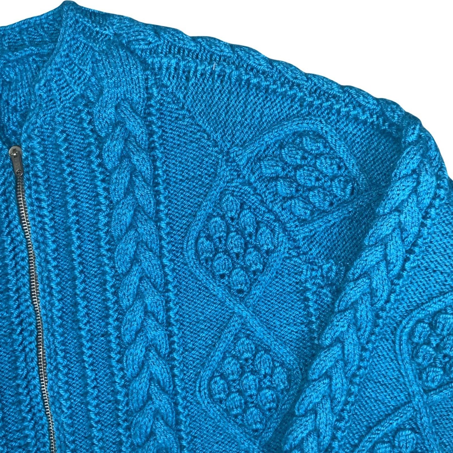 Vtg 80s Blue Textured Geometric Chunky Cable Knit Zip-Up Cardigan S UK 10