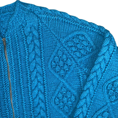 Vtg 80s Blue Textured Geometric Chunky Cable Knit Zip-Up Cardigan S UK 10