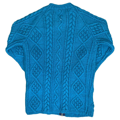 Vtg 80s Blue Textured Geometric Chunky Cable Knit Zip-Up Cardigan S UK 10