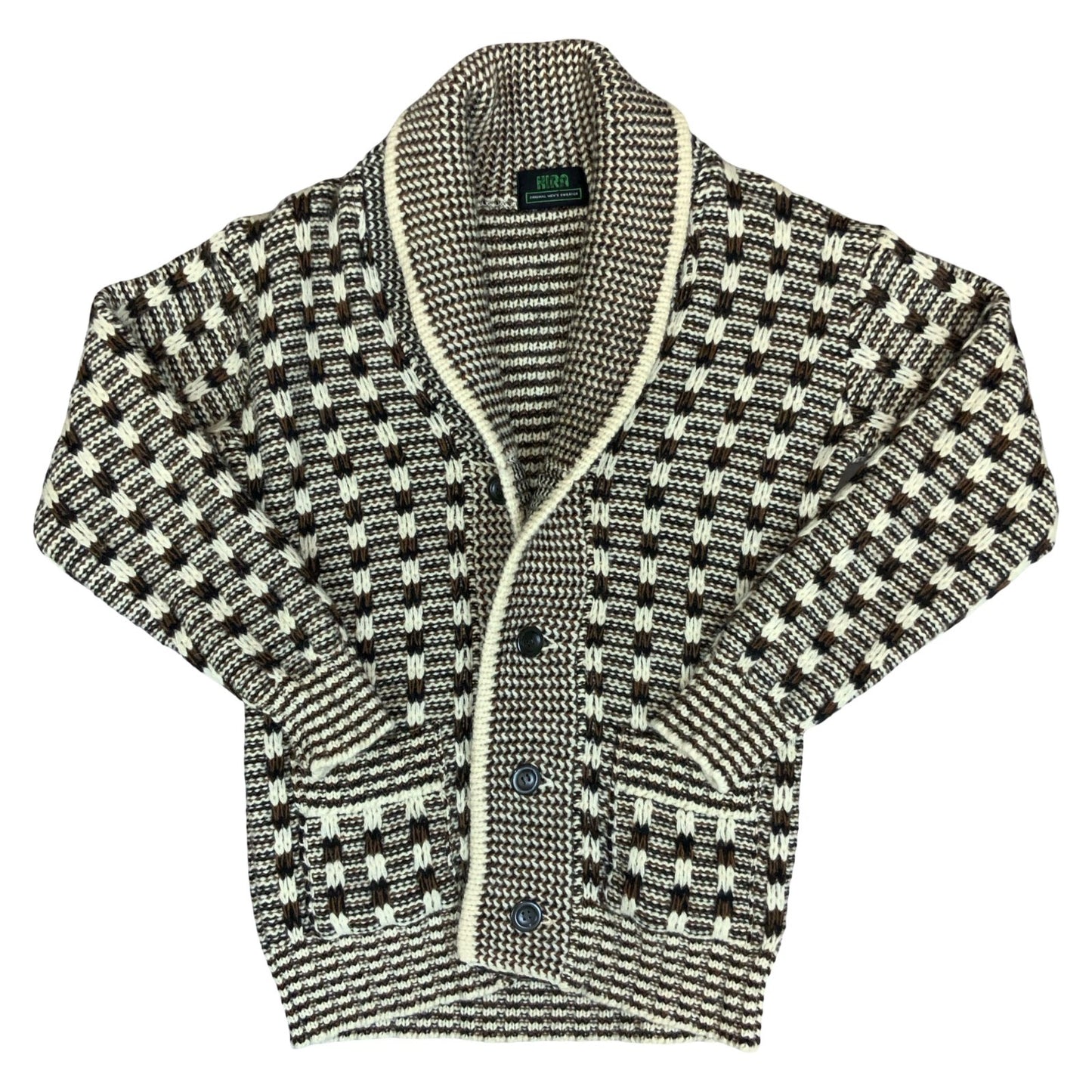 Vtg 80s 'Kira' Original Men's Brown White Patterned Cowl Neck Knit Cardigan XS/S
