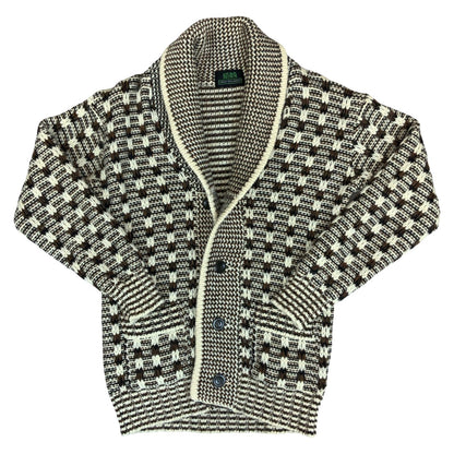 Vtg 80s 'Kira' Original Men's Brown White Patterned Cowl Neck Knit Cardigan XS/S