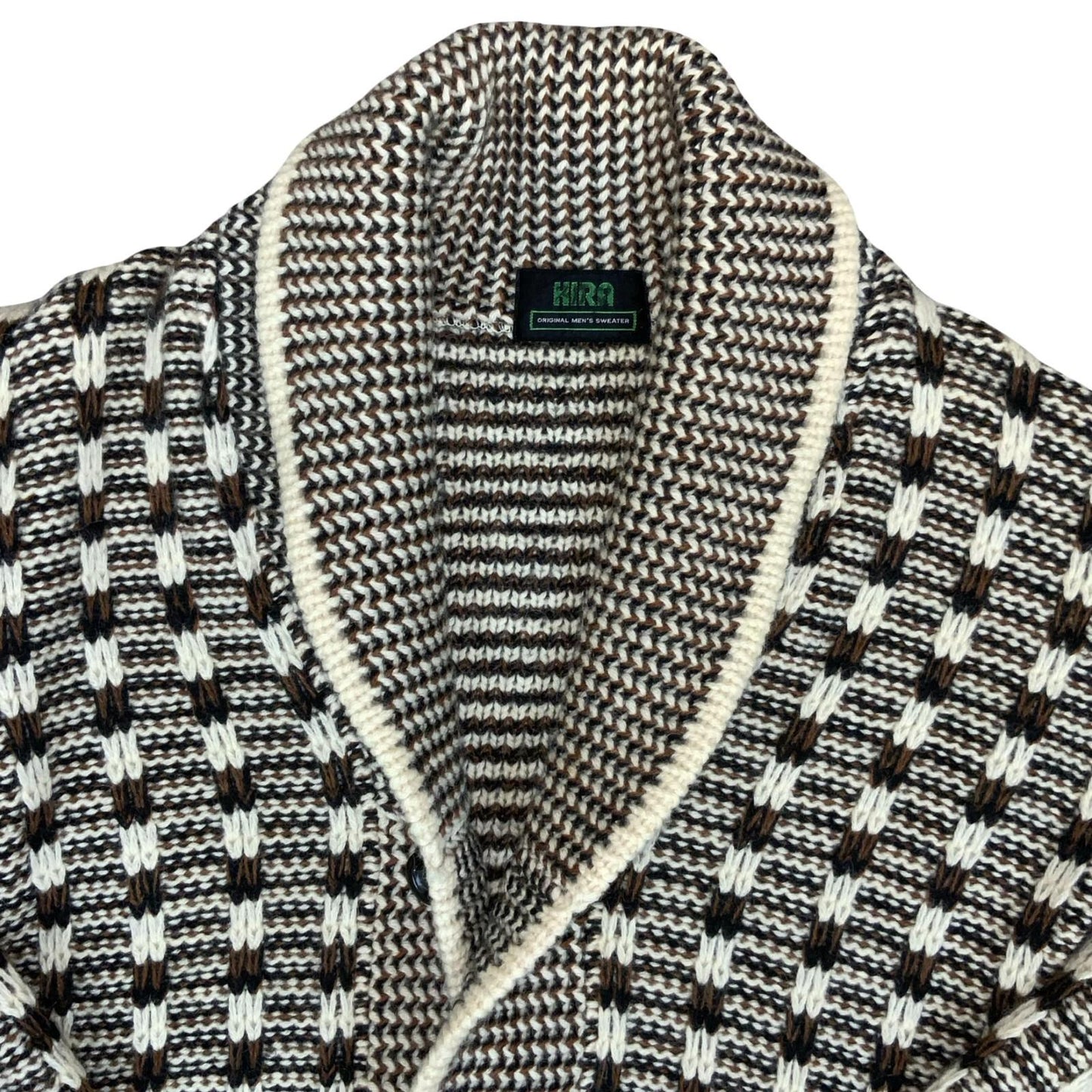 Vtg 80s 'Kira' Original Men's Brown White Patterned Cowl Neck Knit Cardigan XS/S