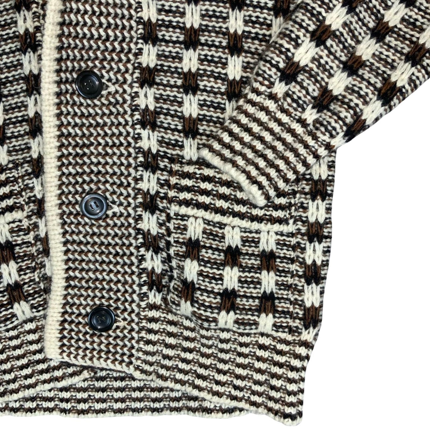 Vtg 80s 'Kira' Original Men's Brown White Patterned Cowl Neck Knit Cardigan XS/S