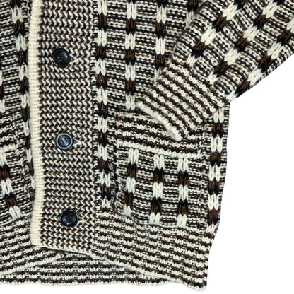 Vtg 80s 'Kira' Original Men's Brown White Patterned Cowl Neck Knit Cardigan XS/S