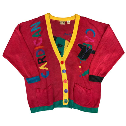 Vtg 90s 'Stefano' Red Multi-Coloured Patterned Novelty Oversized Cardigan 2XL