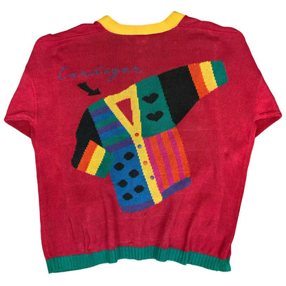 Vtg 90s 'Stefano' Red Multi-Coloured Patterned Novelty Oversized Cardigan 2XL