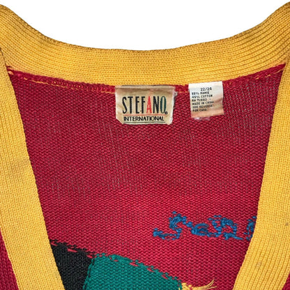 Vtg 90s 'Stefano' Red Multi-Coloured Patterned Novelty Oversized Cardigan 2XL