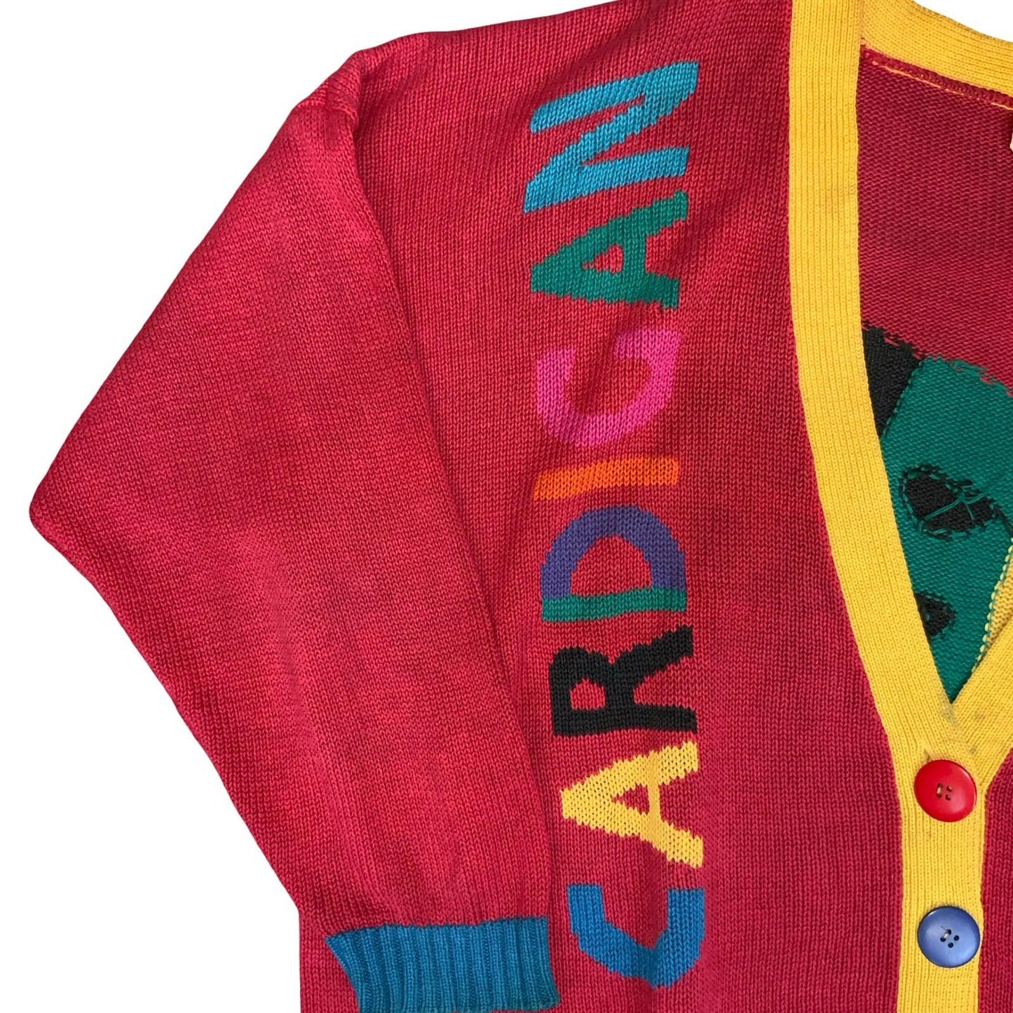 Vtg 90s 'Stefano' Red Multi-Coloured Patterned Novelty Oversized Cardigan 2XL