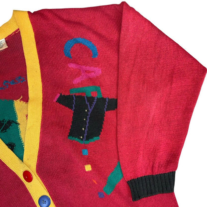 Vtg 90s 'Stefano' Red Multi-Coloured Patterned Novelty Oversized Cardigan 2XL