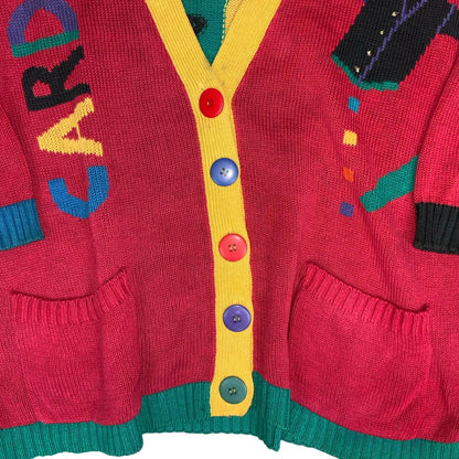 Vtg 90s 'Stefano' Red Multi-Coloured Patterned Novelty Oversized Cardigan 2XL