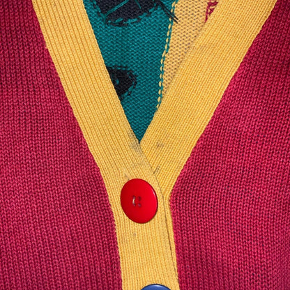 Vtg 90s 'Stefano' Red Multi-Coloured Patterned Novelty Oversized Cardigan 2XL