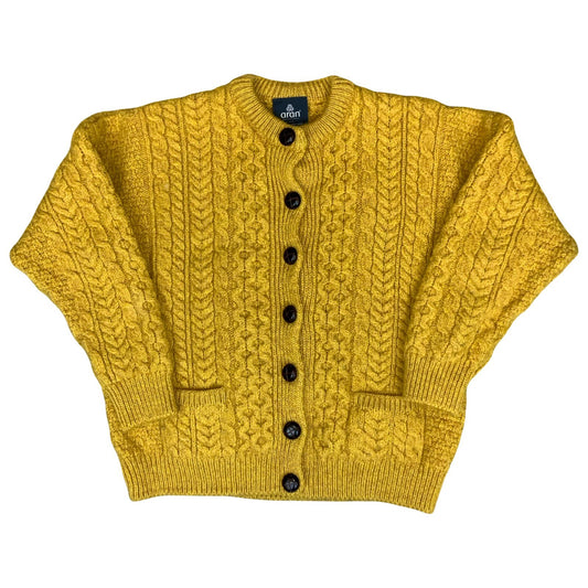 Vtg 'Aran Woollen Mills' Yellow Irish Knit Traditional Textured Cardigan S UK8