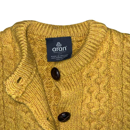 Vtg 'Aran Woollen Mills' Yellow Irish Knit Traditional Textured Cardigan S UK8