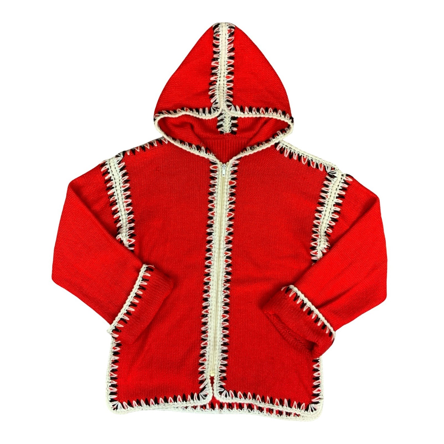 Vtg 70s Red White Knit Handmade Boho Casual Christmas Hooded Cardigan M UK 12/14