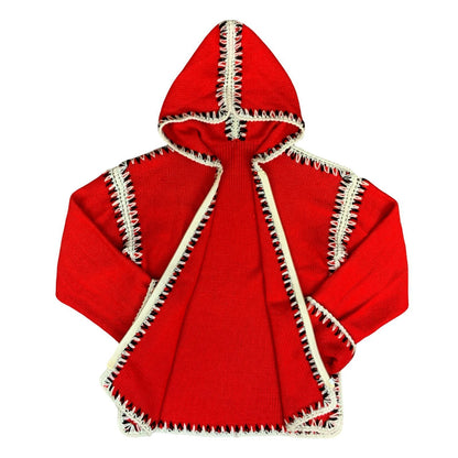 Vtg 70s Red White Knit Handmade Boho Casual Christmas Hooded Cardigan M UK 12/14