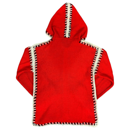 Vtg 70s Red White Knit Handmade Boho Casual Christmas Hooded Cardigan M UK 12/14