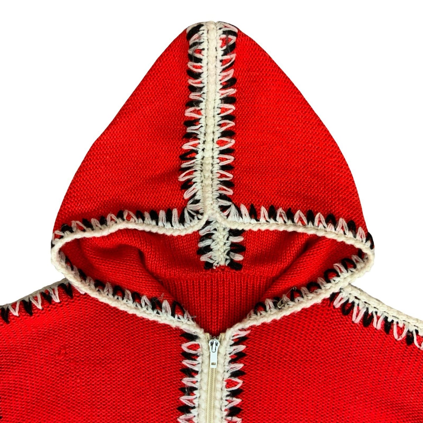 Vtg 70s Red White Knit Handmade Boho Casual Christmas Hooded Cardigan M UK 12/14