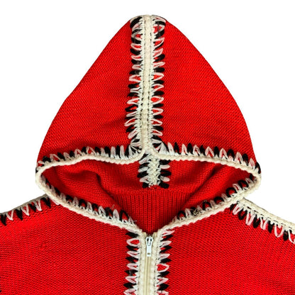 Vtg 70s Red White Knit Handmade Boho Casual Christmas Hooded Cardigan M UK 12/14