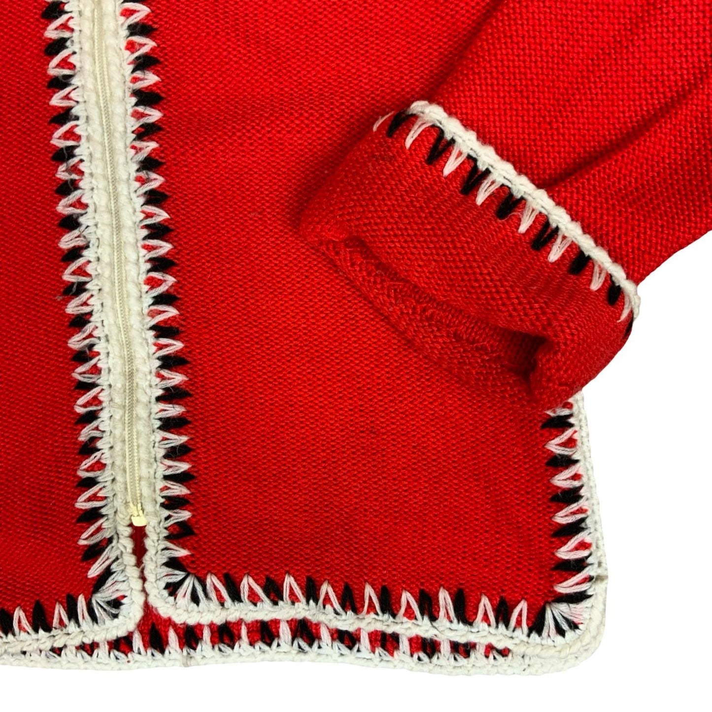 Vtg 70s Red White Knit Handmade Boho Casual Christmas Hooded Cardigan M UK 12/14