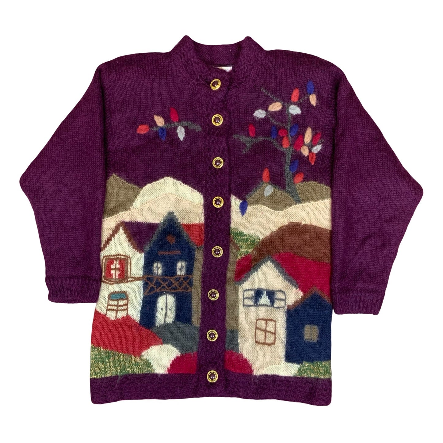 80s 'Accellando' Purple Button-Up Landscape Design House Tree Novelty Cardigan L