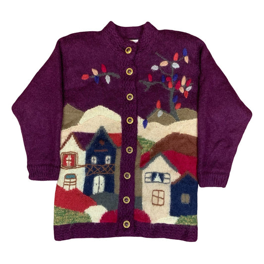 80s 'Accellando' Purple Button-Up Landscape Design House Tree Novelty Cardigan L