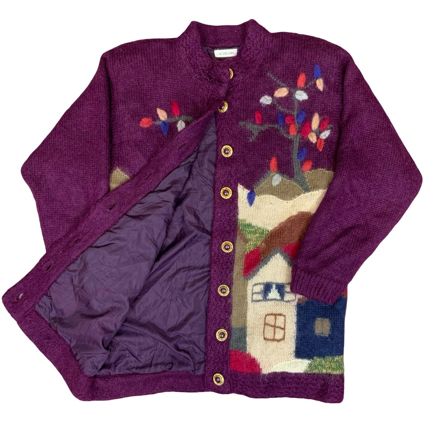 80s 'Accellando' Purple Button-Up Landscape Design House Tree Novelty Cardigan L