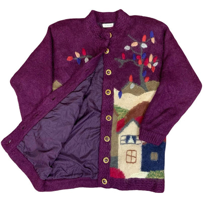 80s 'Accellando' Purple Button-Up Landscape Design House Tree Novelty Cardigan L