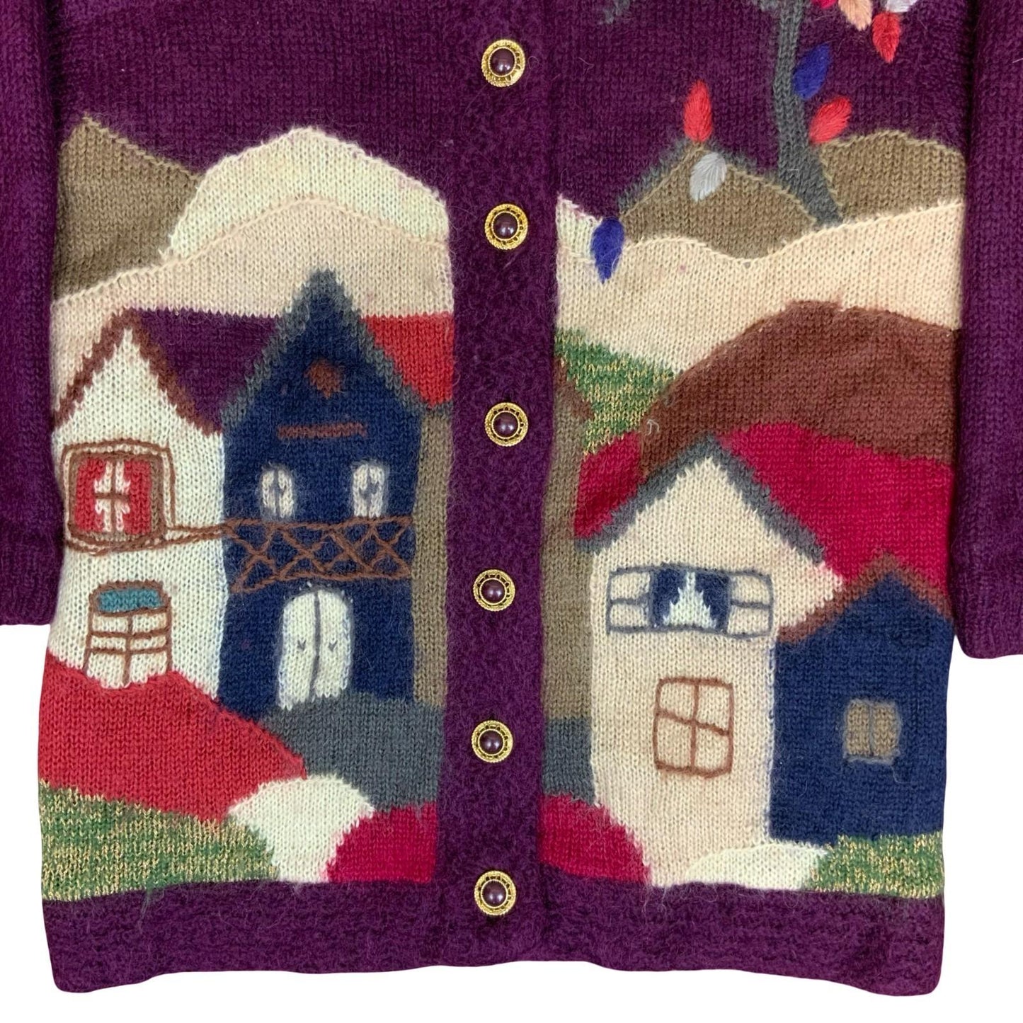 80s 'Accellando' Purple Button-Up Landscape Design House Tree Novelty Cardigan L