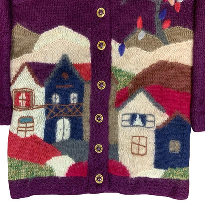 80s 'Accellando' Purple Button-Up Landscape Design House Tree Novelty Cardigan L
