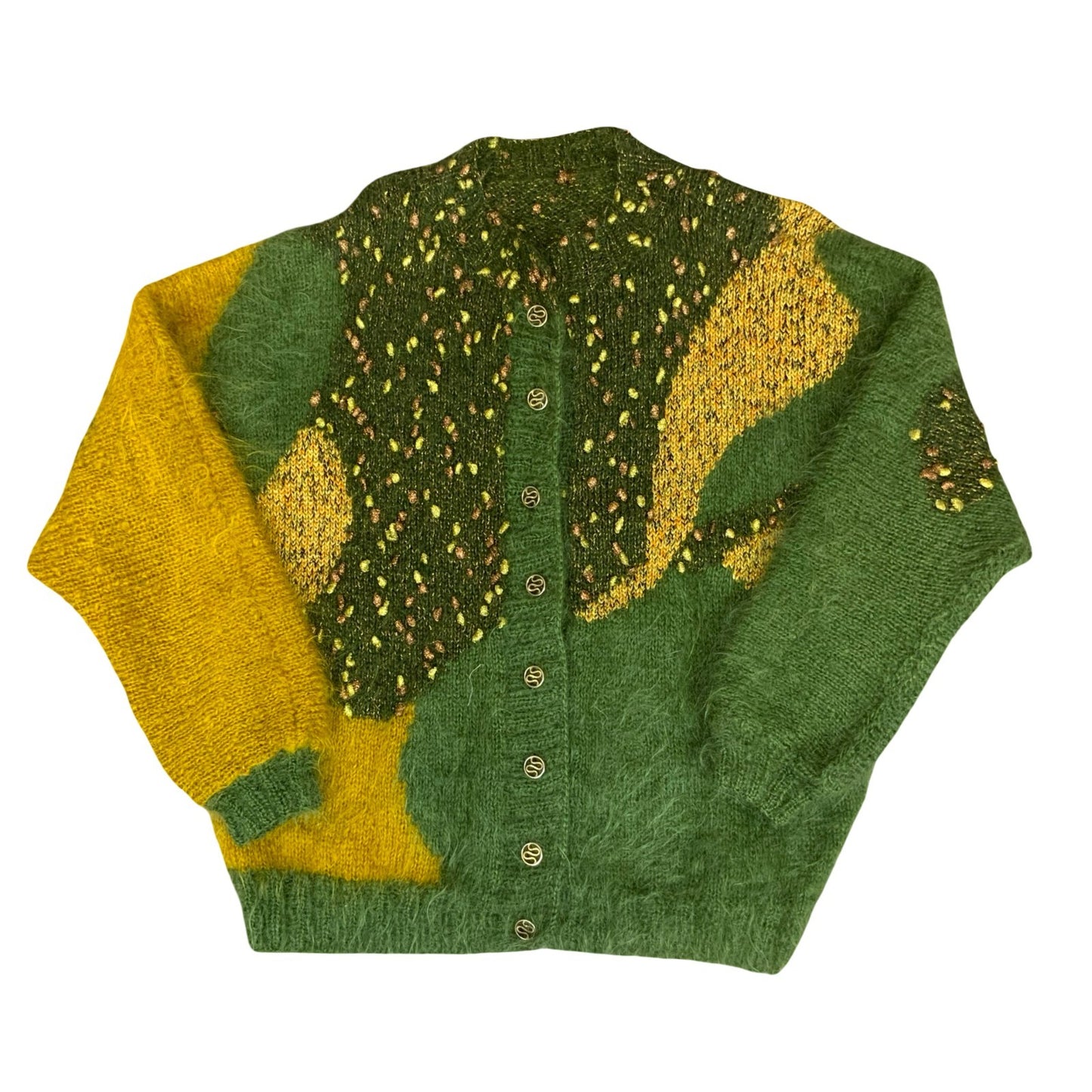 Vtg 80s Green Yellow Abstract Glitter Batwing Oversize Mohair Knit Cardigan L/XL