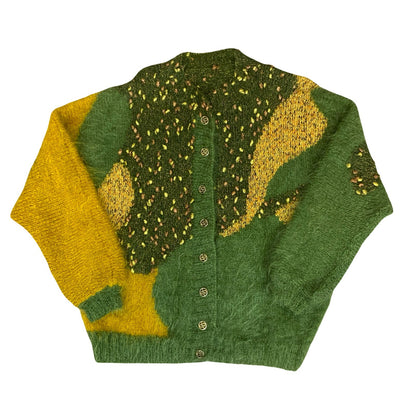 Vtg 80s Green Yellow Abstract Glitter Batwing Oversize Mohair Knit Cardigan L/XL