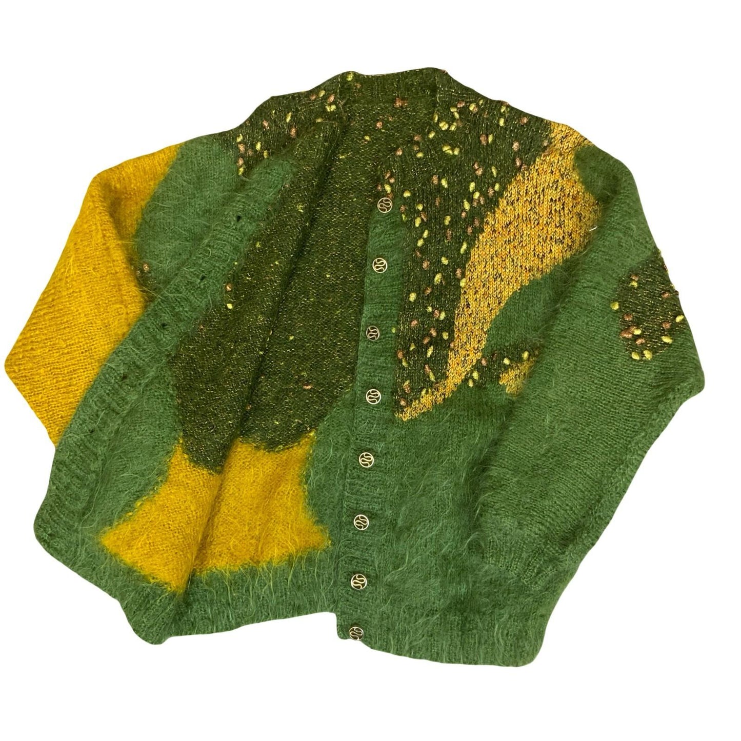 Vtg 80s Green Yellow Abstract Glitter Batwing Oversize Mohair Knit Cardigan L/XL