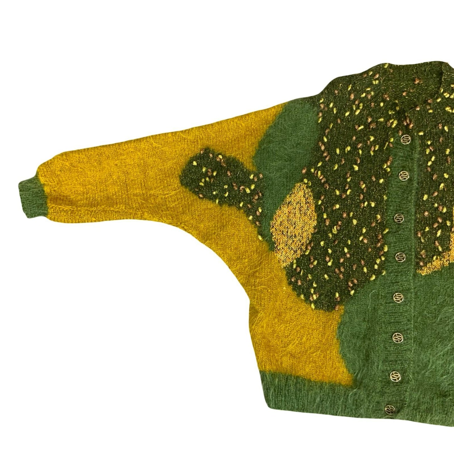 Vtg 80s Green Yellow Abstract Glitter Batwing Oversize Mohair Knit Cardigan L/XL