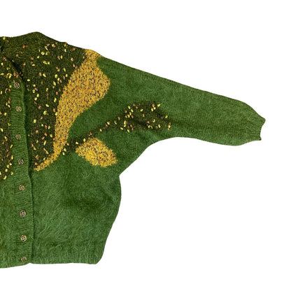Vtg 80s Green Yellow Abstract Glitter Batwing Oversize Mohair Knit Cardigan L/XL