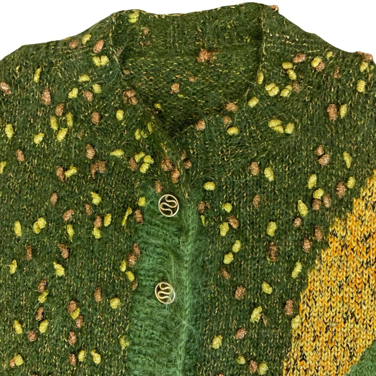 Vtg 80s Green Yellow Abstract Glitter Batwing Oversize Mohair Knit Cardigan L/XL