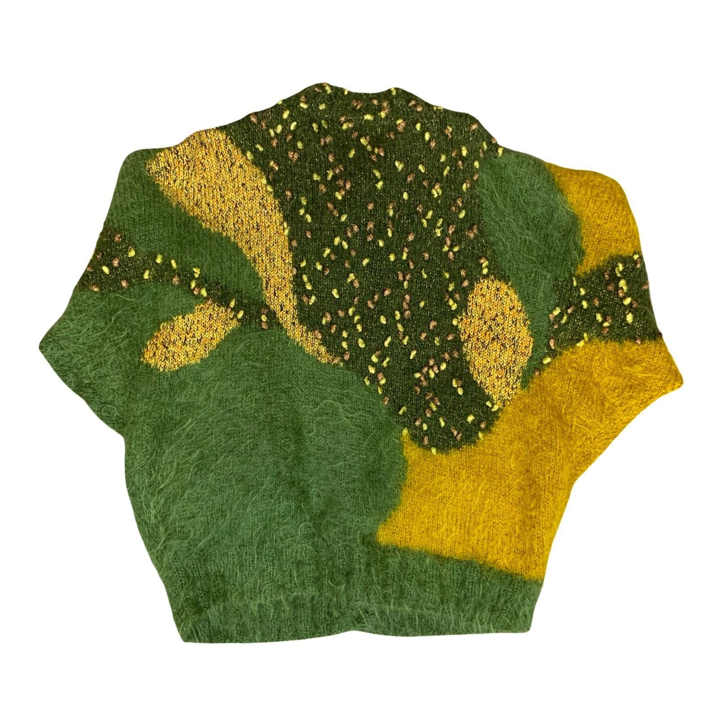 Vtg 80s Green Yellow Abstract Glitter Batwing Oversize Mohair Knit Cardigan L/XL