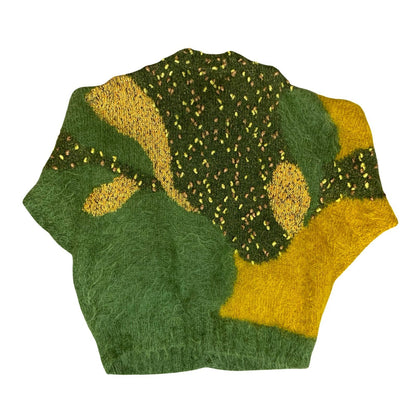 Vtg 80s Green Yellow Abstract Glitter Batwing Oversize Mohair Knit Cardigan L/XL