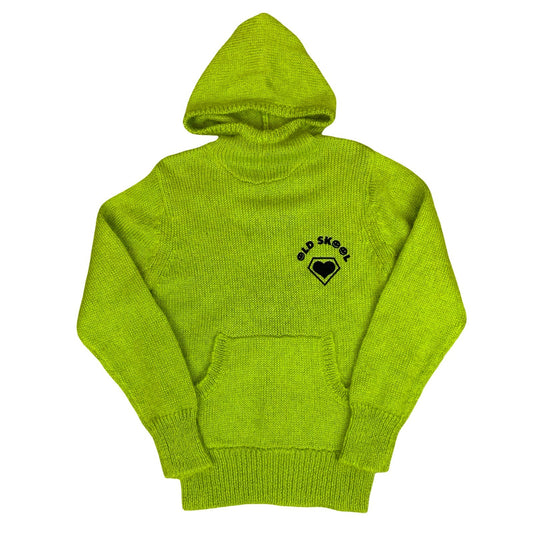 Vtg 90s Y2K Lime Green 'Old Skool' Rave Back-Logo Hoodie S UK 10/12