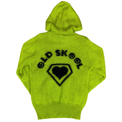 Vtg 90s Y2K Lime Green 'Old Skool' Rave Back-Logo Hoodie S UK 10/12