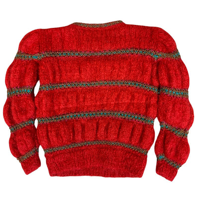 80s 'Puppy Tokyo' Red Blue Puff Knit Textured Pattern Mohair Jumper UK 12/14