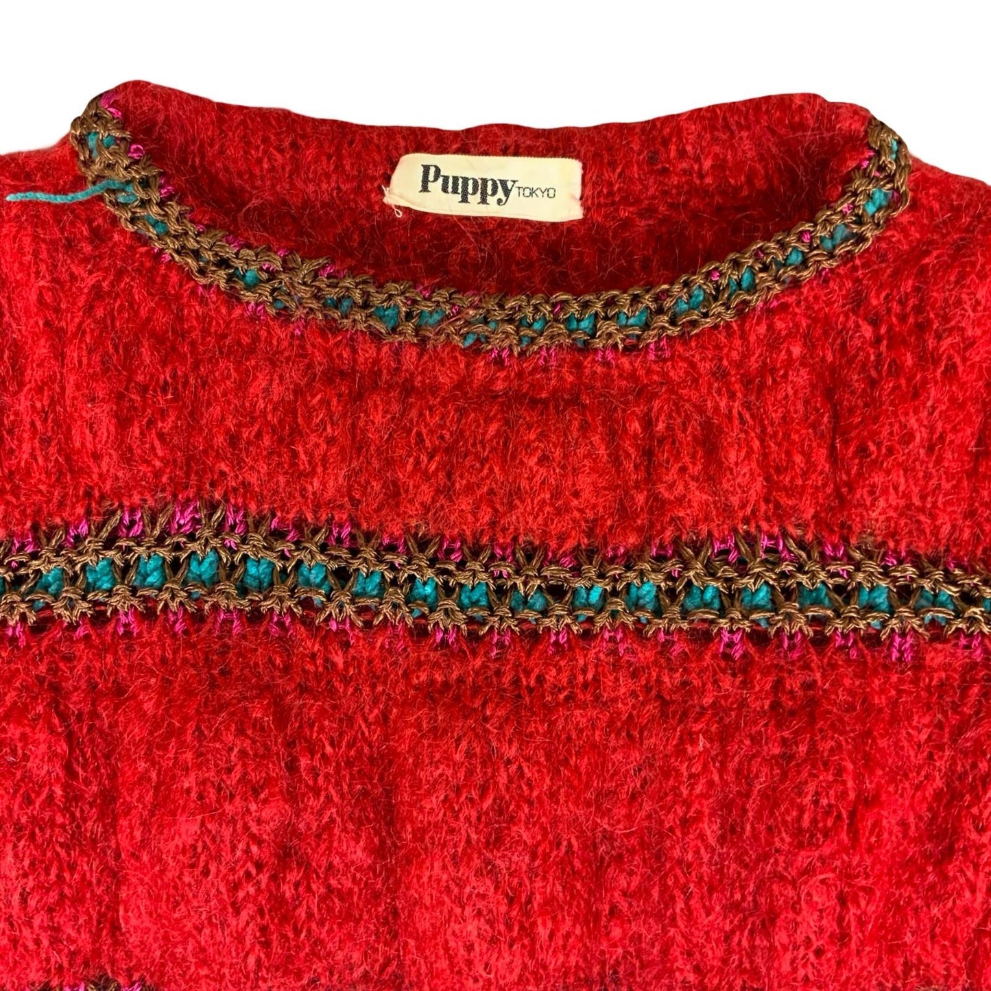 80s 'Puppy Tokyo' Red Blue Puff Knit Textured Pattern Mohair Jumper UK 12/14