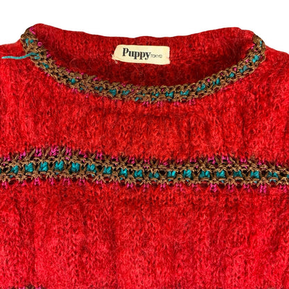 80s 'Puppy Tokyo' Red Blue Puff Knit Textured Pattern Mohair Jumper UK 12/14