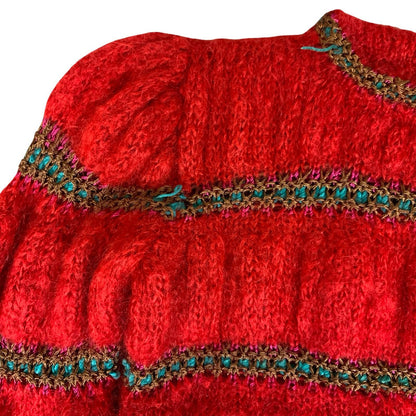 80s 'Puppy Tokyo' Red Blue Puff Knit Textured Pattern Mohair Jumper UK 12/14