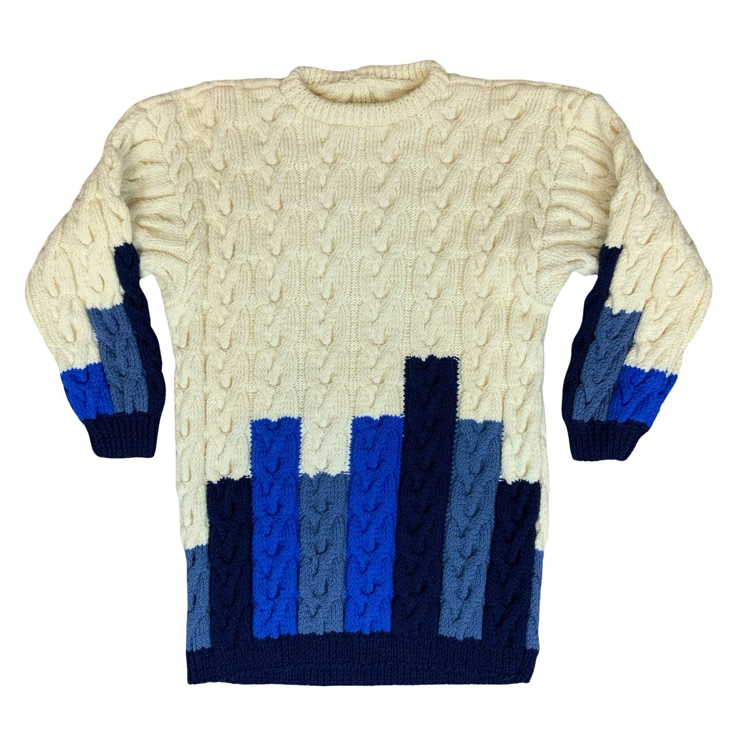 Vtg White Blue Geometric Cable-Knit Colour Block Casual Oversized Jumper M